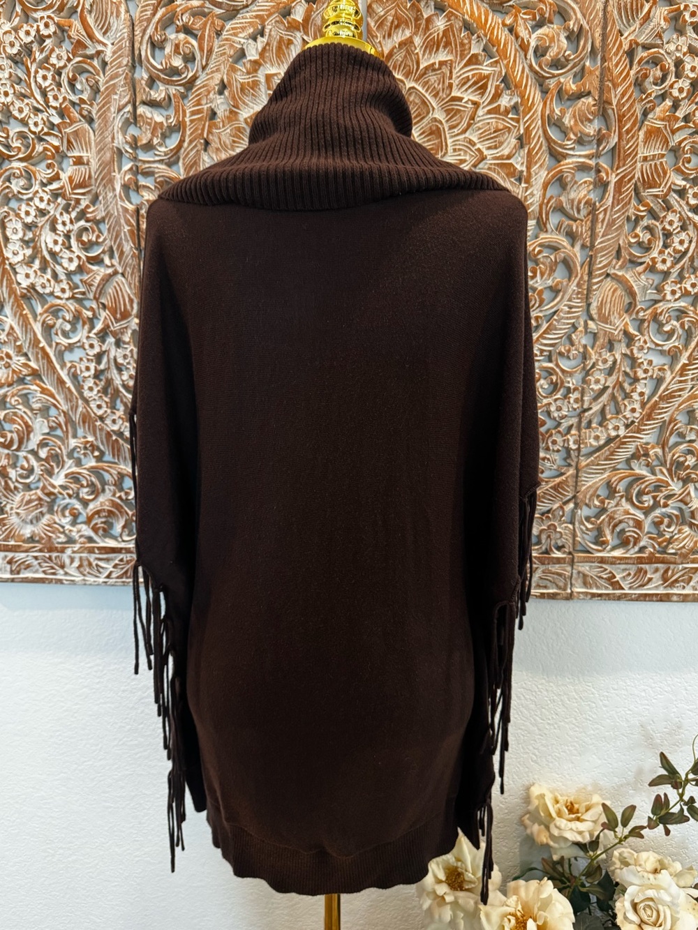 Michael Kors Brown Cowl-Neck Fringe Poncho, Soft Cozy - Picture 3 of 15